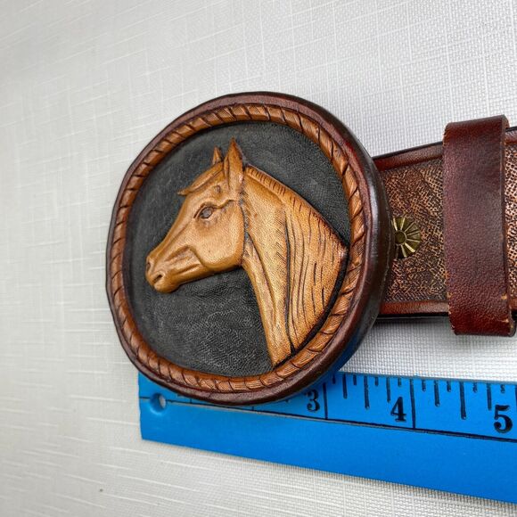 Hand Tooled LEATHER 3-D HORSES SCENE Western Belt! Handmade T Goodloe Sz 29 - Picture 4 of 16